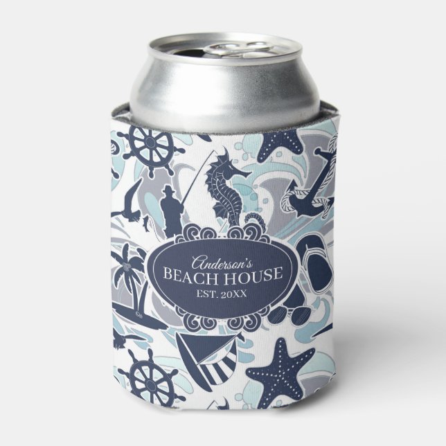 Enfriador De Latas Nautical Beach Pattern Navy ID839 (Lata Anverso)