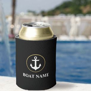Enfriador De Latas Nautical Bote Name Anchor Black Gold