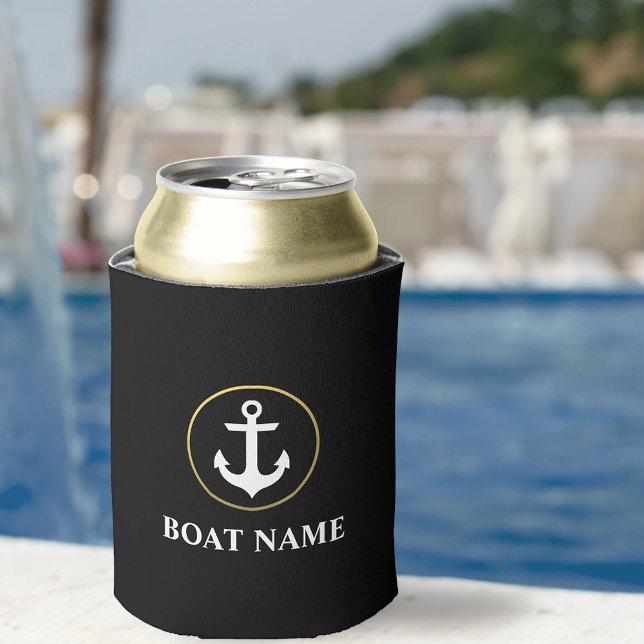 Enfriador De Latas Nautical Bote Name Anchor Black Gold (Customize to change text size or text style.)