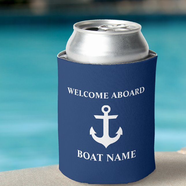 Enfriador De Latas Nautical Bote Name Anchor Navy Blue Welcome (Customize to change text size or text style.)