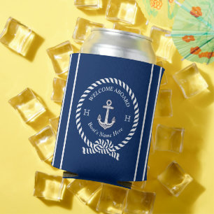 Enfriador De Latas Nautical Bote Name Anchor Rope Navy Blue Welcome