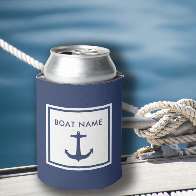 Enfriador De Latas Nautical Bote Name Blue Anchor Capitán (Personalised boat name can cooler for new boat owner gift idea)