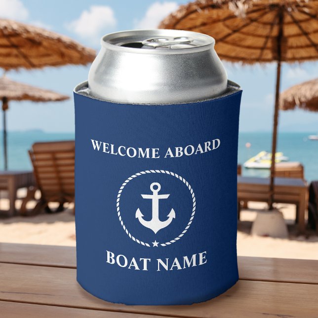 Enfriador De Latas Nautical Bote Nombre Anchor Rope Bienvenida (Customize to change text size or text style.)