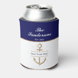 Enfriador De Latas Nautical Modern Bold Ancla Azul Nombre de Barco