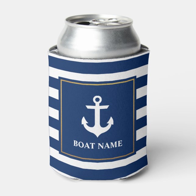 Enfriador De Latas Nautical Naval Blue Striped Anchor nombre barco (Lata Anverso)