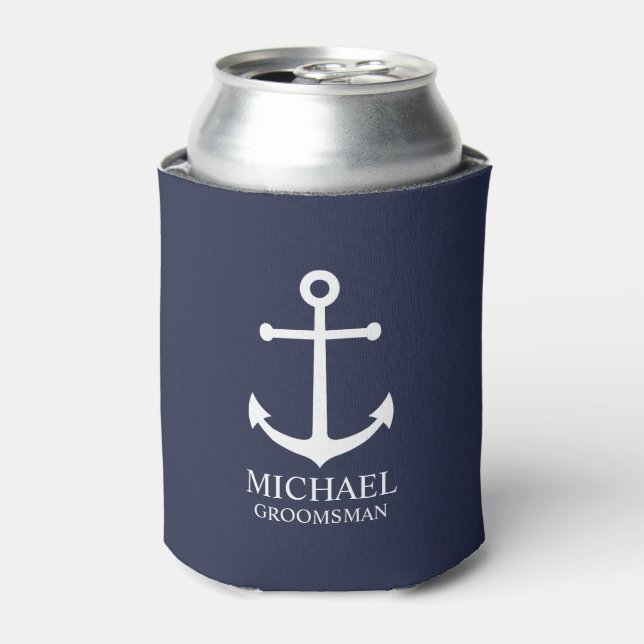 Enfriador De Latas Nautical Navy Blue Anchor Personalizado Groomsmen (Lata Anverso)