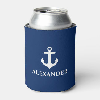 Enfriador De Latas Nautical Personalized Name Anchor Navy Blue