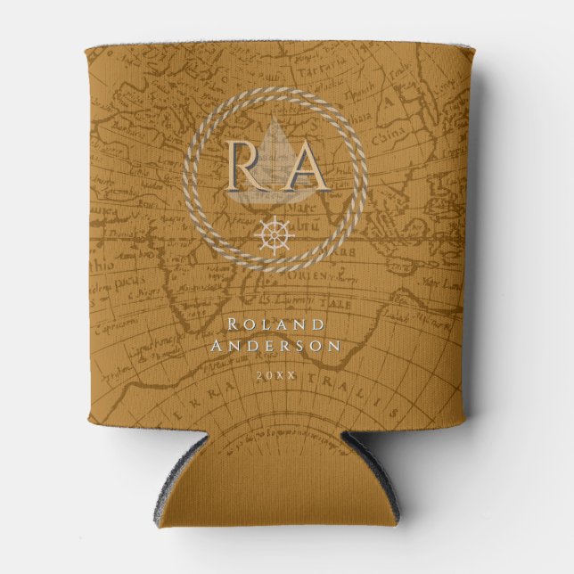Enfriador De Latas Nautical Rope Monogram Map Brown (Anverso)