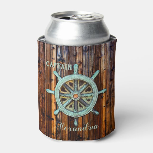 Enfriador De Latas Nautical Theme Bronze Captains Wheel (Lata Anverso)