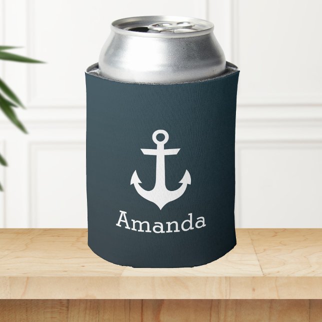 Enfriador De Latas Nautical White Anchor Blue Ombre Nombre personaliz (Subido por el creador)