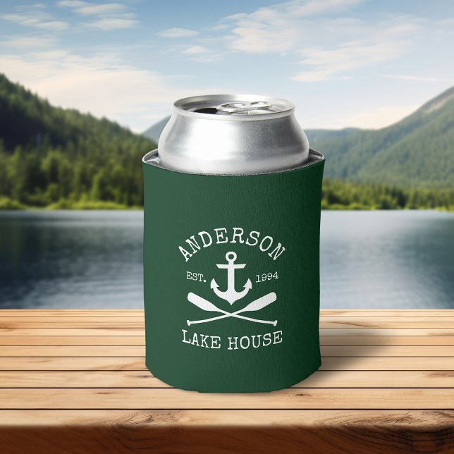 Enfriador De Latas Nautico Anchor Oars Green Family Lake House (Customize to change text size or text style.)