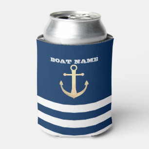 Enfriador De Latas Náutico, Ancla Dorada con Rayas Azules Marinos