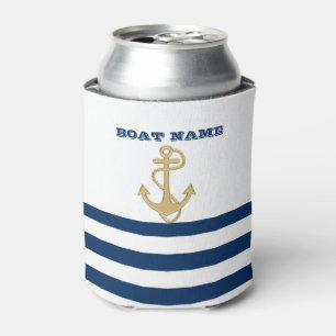 Enfriador De Latas Náutico, Ancla Dorada Rayas Azules Marinos
