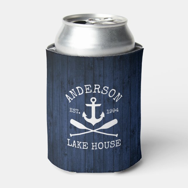 Enfriador De Latas Nautico Ancla Oars Blue Wood Family Lake House (Lata Anverso)