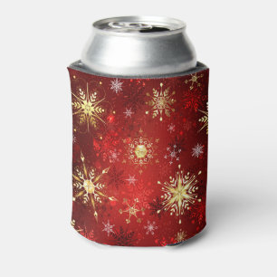 Enfriador De Latas Navidades Copos de nieve dorados con fondo rojo