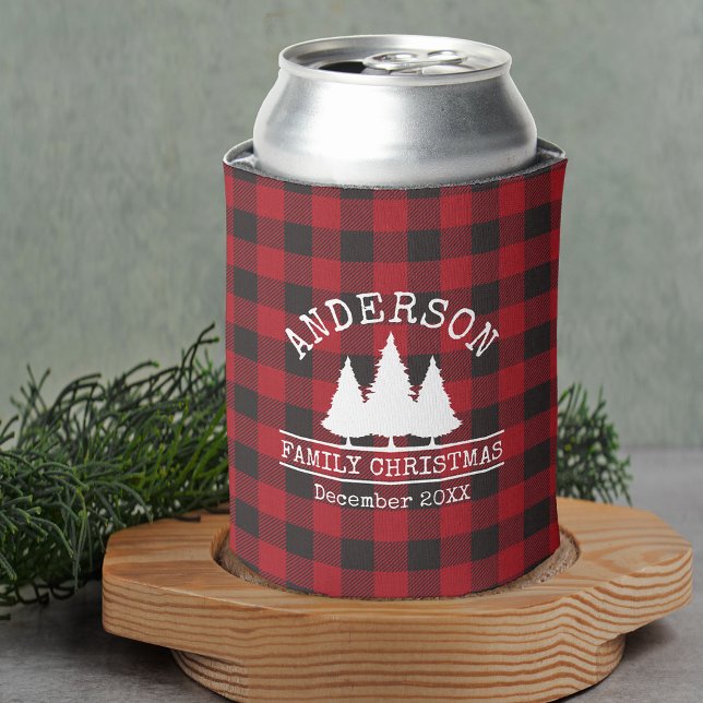 Enfriador De Latas Navidades De Nombre Familiar Pines Red Plaid (Customize to change text size or text style.)