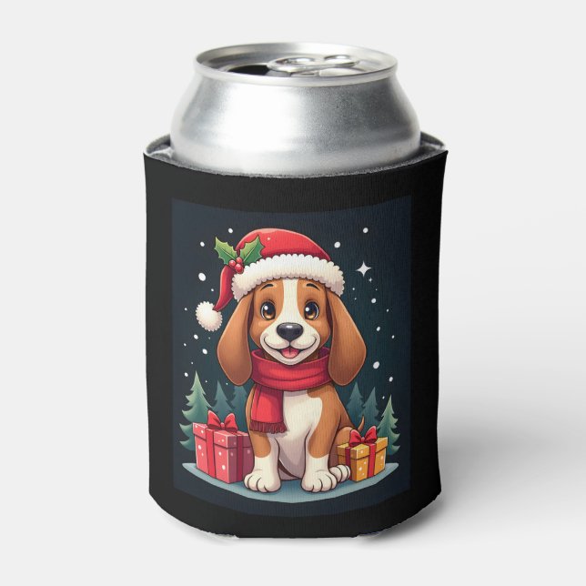 Enfriador De Latas Navidades de perro de Hound Basset Traje a Santa H (Lata Anverso)