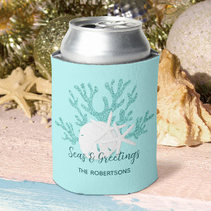 Enfriador De Latas Navidades de playa Sand Dollar Starfish Aqua Blue