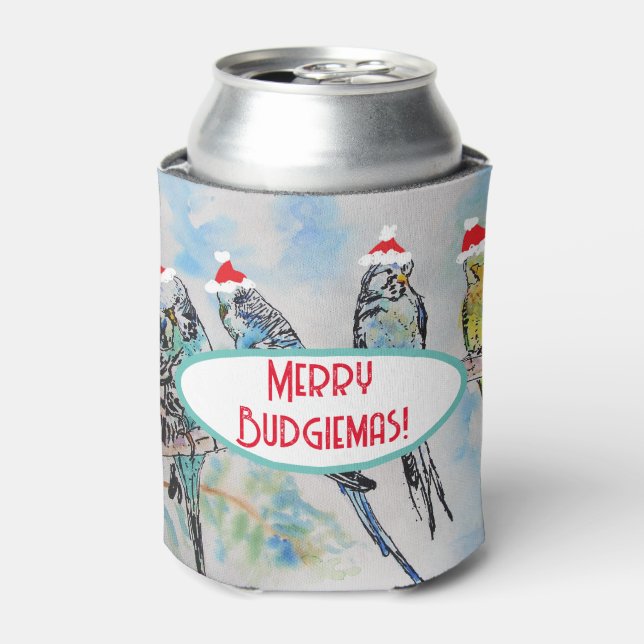 Enfriador De Latas Navidades de Santa Budgie Pájaro de pintura acuáti (Lata Anverso)