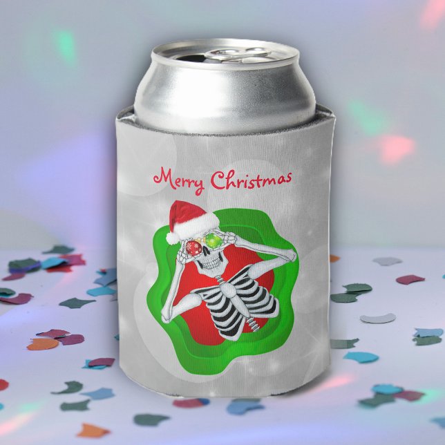 Enfriador De Latas Navidades divertidos esqueleto en una mancha de oj (Funny Merry Christmas skeleton in splatter with ornament eyes Santa Hat on can cooler.)