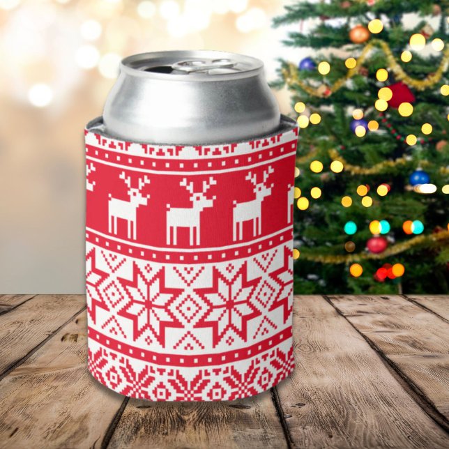 Enfriador De Latas Navidades feos de renos nórdicos suéter Fiesta (Nordic Reindeer Ugly Christmas Sweater Party Can Cooler)