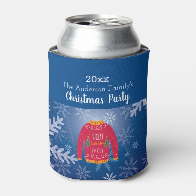Enfriador De Latas Navidades fiesta suéter fea copos de nieve azul ro (Lata Anverso)
