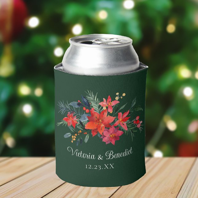 Enfriador De Latas Navidades Poinsettia Elegante Boda Verde Floral (Subido por el creador)