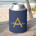 Enfriador De Latas Navy Blue Gold Modern Script Girly Monograma Nombr<br><div class="desc">Refrigeradores de bebidas de la Fiesta de la Bachillerato y el Aniversario Elegante de la Marina Azul y Oro. Estos Bodas, duchas nupciales o Refrigeradores de bebidas de la fiesta de cumpleaños pueden ser personalizados para incluir su nombre de pila. Póngase en contacto con el diseñador para obtener elementos coincidentes...</div>