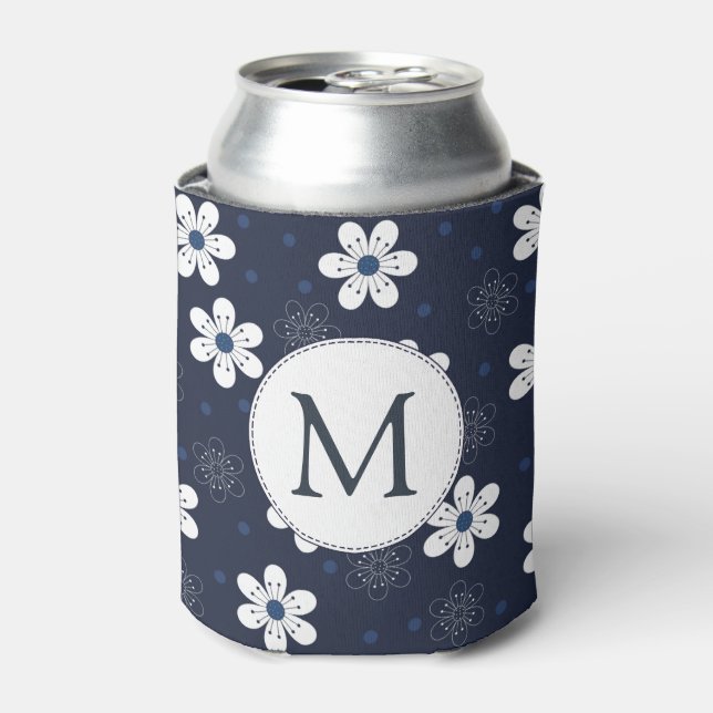 Enfriador De Latas Navy Blue Pretty Floral Monogram (Lata Anverso)