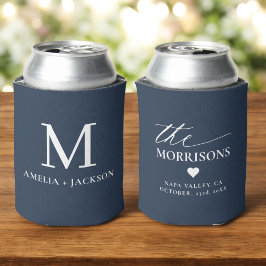Enfriador De Latas Navy Blue Wedding Favor Monograma Nombre Corazón