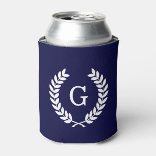 Enfriador De Latas Navy Blue Wheat Laurel Wreath Monograma inicial