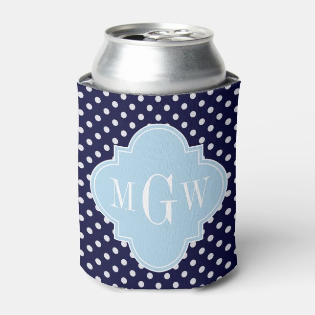 Enfriador De Latas Navy Whats Polka Dots Pone Blue Quatrefoil 3 Monog (Lata Anverso)