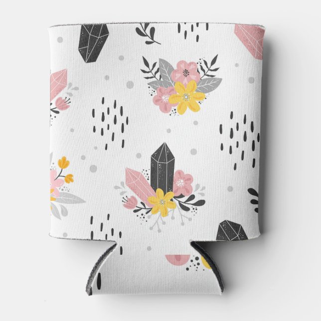 Enfriador De Latas Negro, cristales rosas, sin costuras florales. (Anverso)