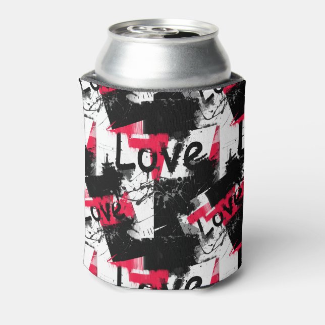 Enfriador De Latas Negro y blanco con manchas rojas patrón de amor (Reverso de la lata)