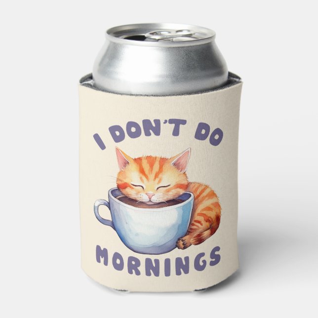 Enfriador De Latas No hago mañanas - un gato Naranja con café. (Lata Anverso)