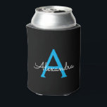Enfriador De Latas Nombra de monograma de guión azul negro<br><div class="desc">Refrigeradores de bebidas de Bachillerato o Bachillerato de Estilo Sencillo Negro y Azul. Estos Bodas,  duchas nupciales o Refrigeradores de bebidas de la fiesta de cumpleaños pueden ser personalizados para incluir su nombre de pila. Póngase en contacto con el diseñador para obtener elementos coincidentes personalizados.</div>