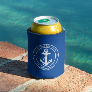 Enfriador De Latas Nombre de Barco Azul Ancla Náutica Personalizado