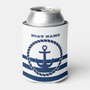 Enfriador De Latas Nombre de barco náutico, ancla rayas azul marino