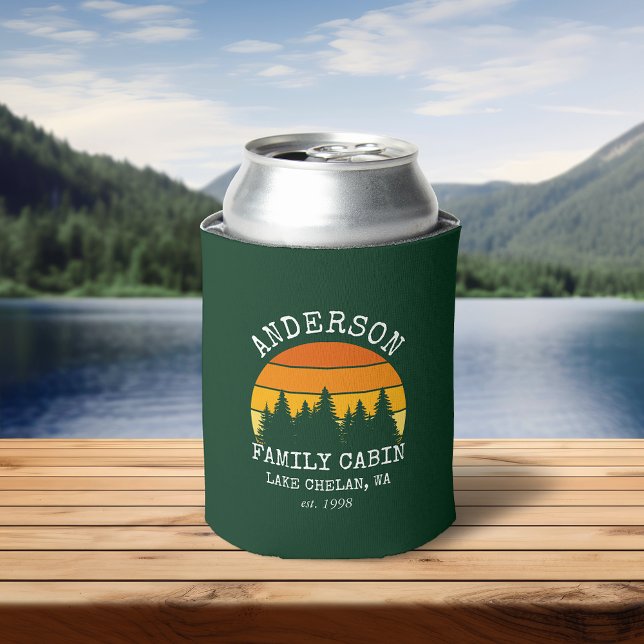 Enfriador De Latas Nombre de familia Cabina Pine Trees Sunset (Customize to change text size or text style.)