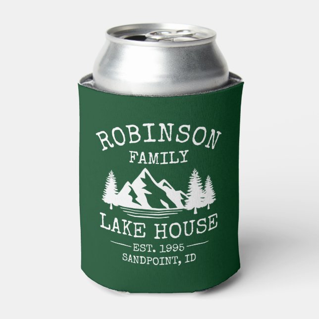 Enfriador De Latas Nombre de la familia Lake House Trees Forest Green (Lata Anverso)