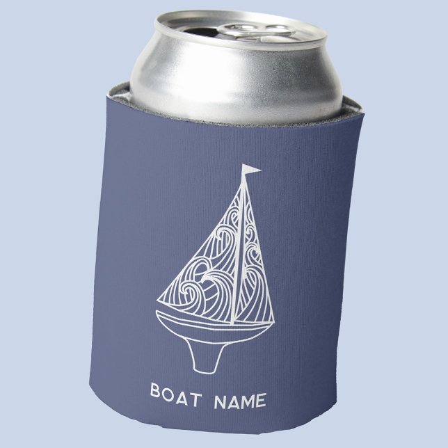 Enfriador De Latas Nombre del barco de vela Nautical (Sailing boat custom text boat name blue and white modern can cooler)