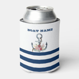 Enfriador De Latas Nombre del barco, flores de ancla azul marino raya