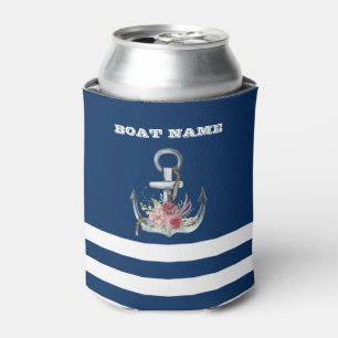 Enfriador De Latas Nombre del barco, flores de ancla azul marino raya