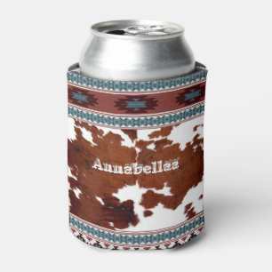 Enfriador De Latas Nombre del Boho Rustic South Western Piel de vaca