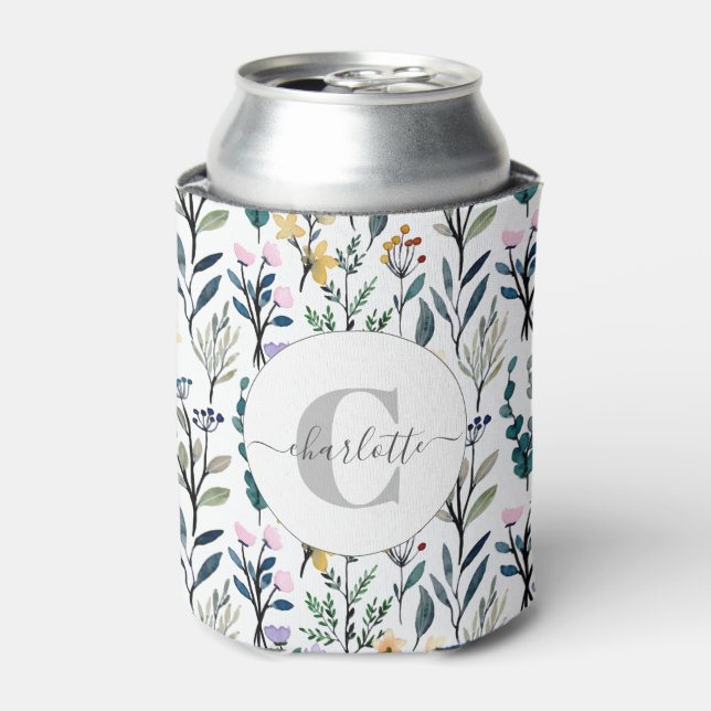 Enfriador De Latas Nombre del monograma del patrón de flores silvestr (Lata Anverso)