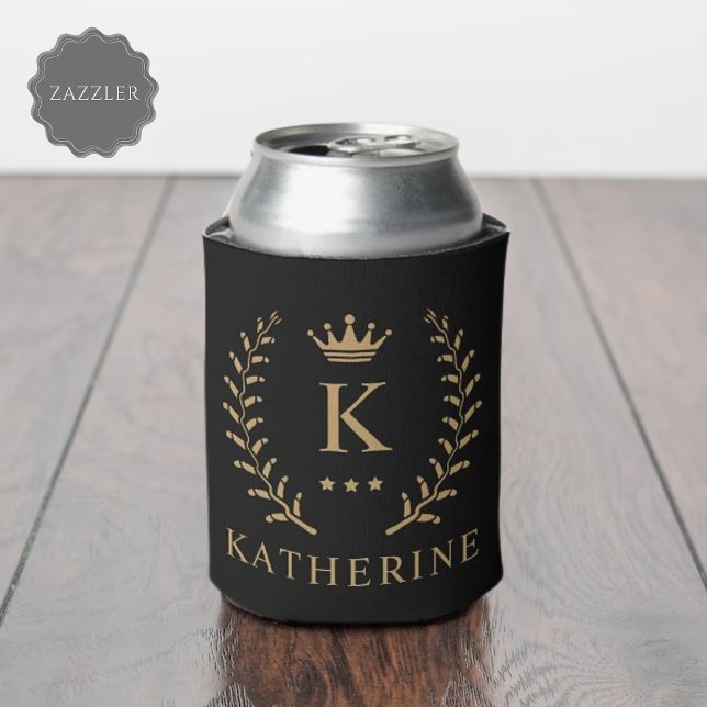 Enfriador De Latas Nombre del personalizar y Monograma inicial de oro (Customize Name & Initial Black White Gold Monogram Can Cooler)