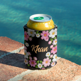 Enfriador De Latas Nombre delante de flores blancas y rosas