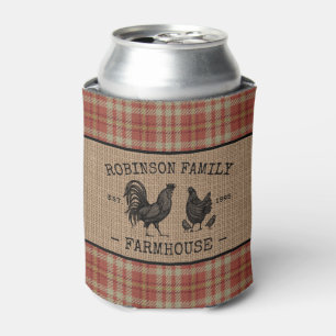 Enfriador De Latas Nombre Familiar Granja Vintage Red Plaid Burlap