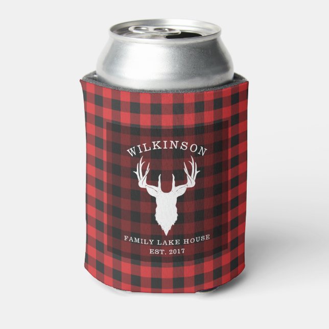 Enfriador De Latas Nombre familiar Lumberjack Plaid Lake House (Reverso de la lata)