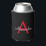 Enfriador De Latas Nombre monograma femenino escritura roja negra<br><div class="desc">Enfriadores de lata para fiesta de cumpleaños o despedida de soltera elegantes y sencillos de color negro y rojo con escritura. Estos enfriadores de lata para boda, fiesta de despedida de soltera o cumpleaños se pueden personalizar para incluir tu nombre. Por favor, contacta al diseñador para obtener artículos personalizados que...</div>